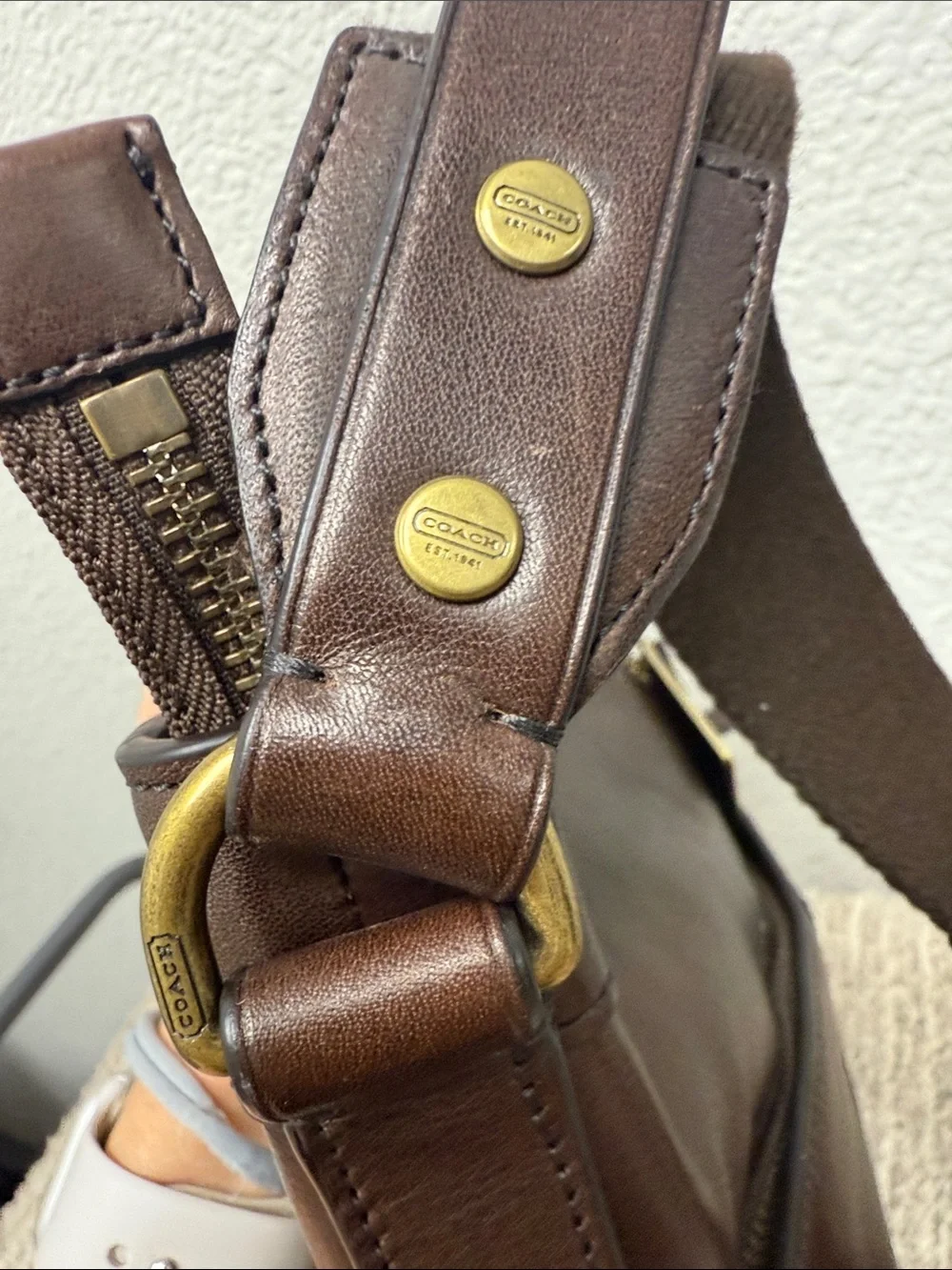 Coach Dark Brown Leather Messenger Bag with Brass Tags